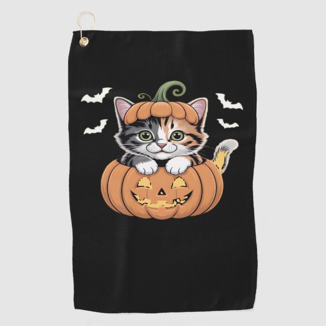 Cute Halloween Kitten in a Pumpkin Classic T-Shirt Golf Towel (Front)