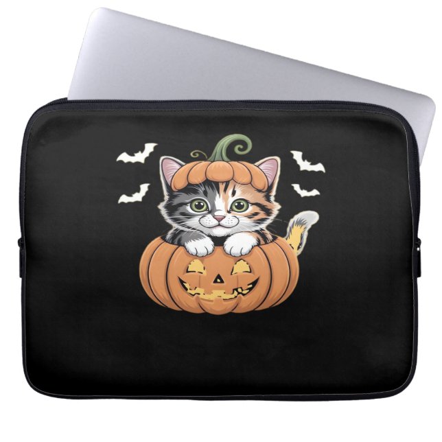 Cute Halloween Kitten in a Pumpkin Classic T-Shirt Laptop Sleeve (Front)