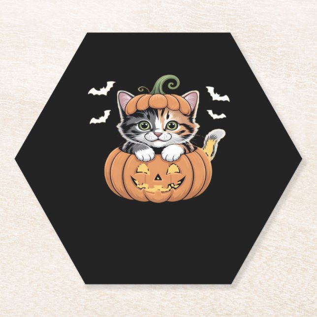 Cute Halloween Kitten in a Pumpkin Classic T-Shirt Paper Coaster (Front)