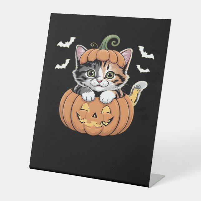 Cute Halloween Kitten in a Pumpkin Classic T-Shirt Pedestal Sign (Front)