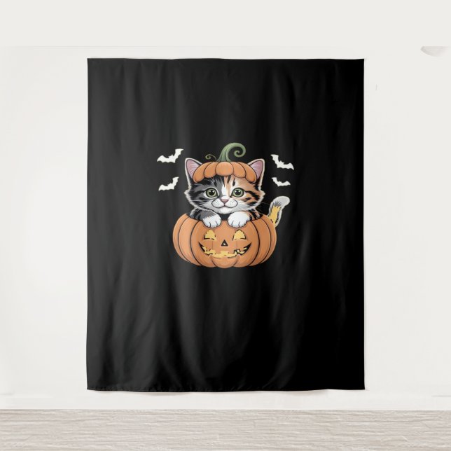 Cute Halloween Kitten in a Pumpkin Classic T-Shirt Tapestry (Front)