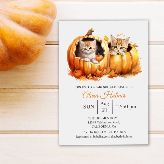 Cute Halloween Kitten in Pumpkin Baby Shower Invitation (Cute Kitten Baby Shower Invitation on white table next to a pumpkin)