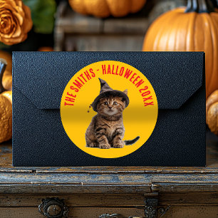 Cute Halloween Kitten In Witch Hat Party Favor Classic Round Sticker