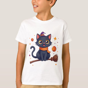 Cute Halloween Kitten on Broomstick T-Shirt