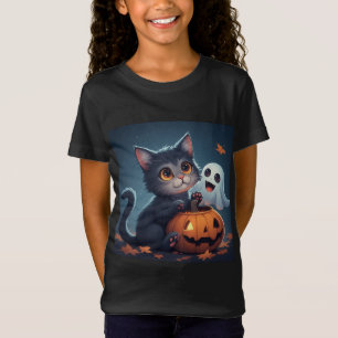 Cute Halloween Kitten With Ghost And Pumpkin 🎃 T-Shirt