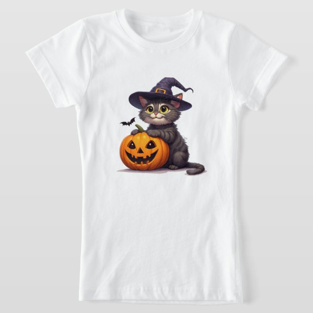 Cute Halloween Kitten With Witch Hat 🎃 T-Shirt (Laydown)