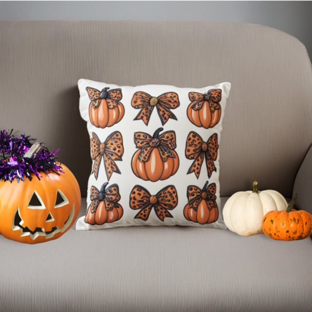 Cute Halloween Leopart Bow Pumpkin Coquette Cushion (Cute Halloween Leopart Bow Pumpkin Coquette Throw Pillow)