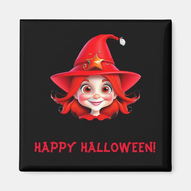 Cute Halloween Little Witch Red Hair Magic Magnet (Front)