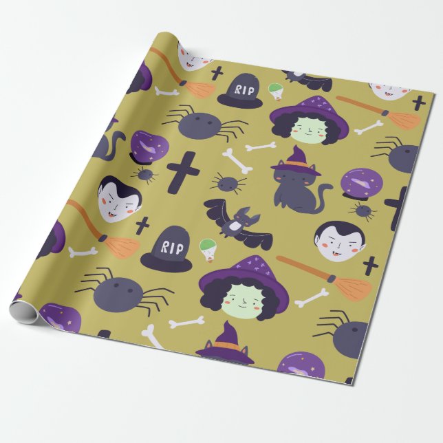 Cute Halloween Magic and Witch Attributes Wrapping Paper (Unrolled)