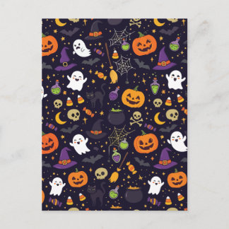 Cute Halloween Magic Night Pattern Ghost Witch Cat Postcard