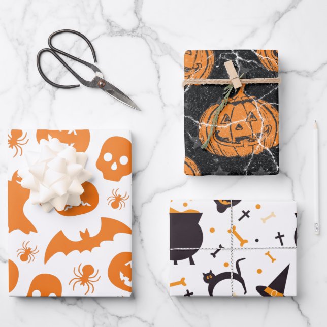 Cute Halloween Mixed Pattern Pumpkin Witch Bats Wrapping Paper Sheet (Front)