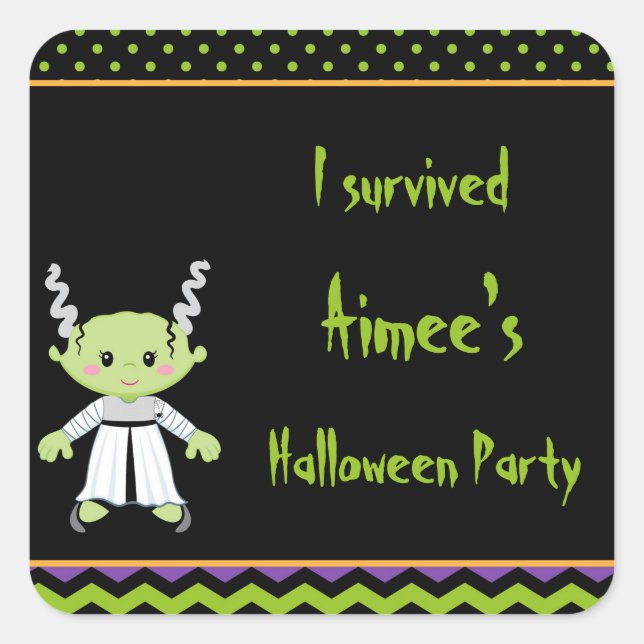 Cute Halloween Monster Girl Halloween 'I Survived' Square Sticker (Front)