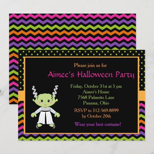 Cute Halloween Monster Girl Halloween Party Invitation (Front/Back)