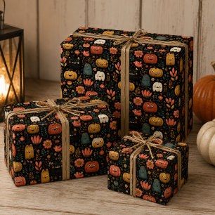 Cute Halloween Monsters and Pumpkins Pattern Wrapping Paper Sheet