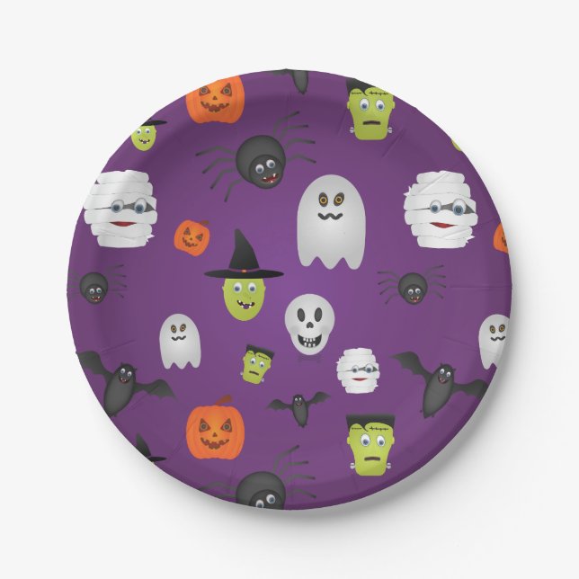 Cute Halloween Monsters on Purple Paper Plate (Front)