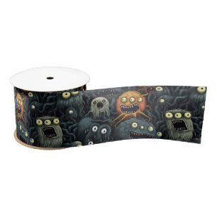 Cute Halloween Monsters, Orange, Dark Greys Satin Ribbon