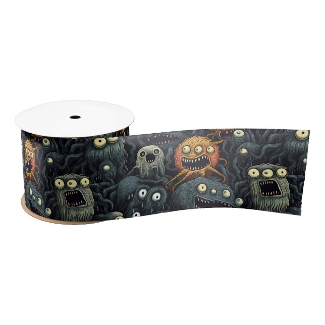 Cute Halloween Monsters, Orange, Dark Greys Satin Ribbon (Spool)