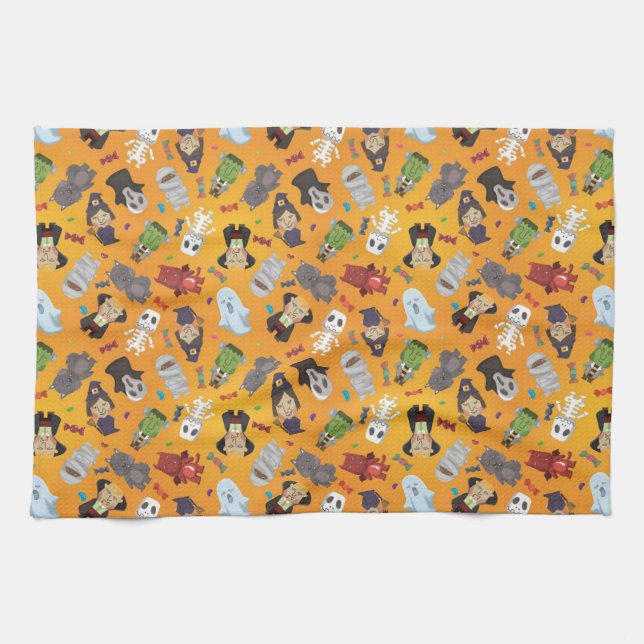 Cute Halloween Monsters Pattern Tea Towel (Horizontal)