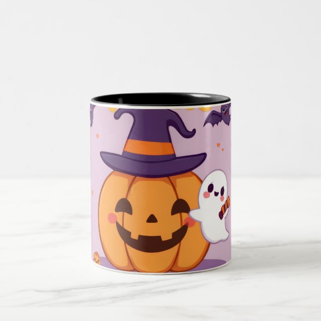 Cute Halloween Mug – Kawaii Pumpkin, Ghost & Bats (Center)