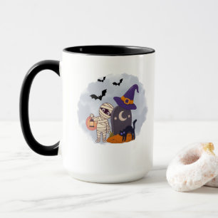 Cute Halloween Mummy and Black Cat Witch Illustrat Mug
