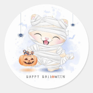 Cute Halloween Mummy and Pumpkin Classic Round Sticker