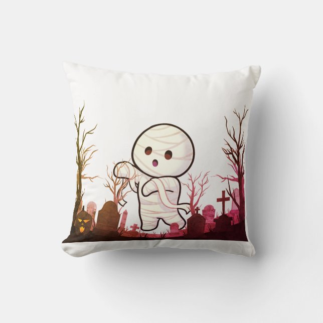 Cute Halloween Mummy in Spooky Graveyard – Funny & Cushion (Front)