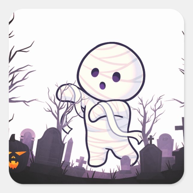 Cute Halloween Mummy in Spooky Graveyard – Funny & Square Sticker (Front)