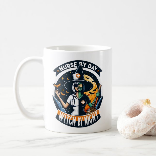 Cute Halloween Nurse by Day Witch by Night Coffee Mug (With Donut)