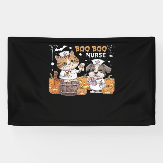 Cute Halloween Nurse Cat and Dog with Pumpkins Cla Banner (Horizontal)