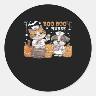 Cute Halloween Nurse Cat and Dog with Pumpkins Cla Classic Round Sticker