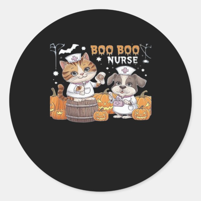 Cute Halloween Nurse Cat and Dog with Pumpkins Cla Classic Round Sticker (Front)