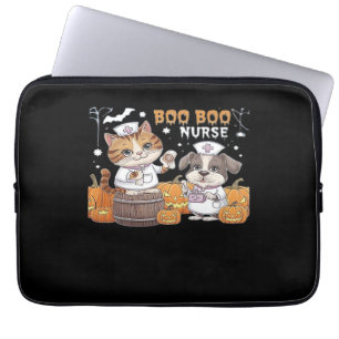 Cute Halloween Nurse Cat and Dog with Pumpkins Cla Laptop Sleeve