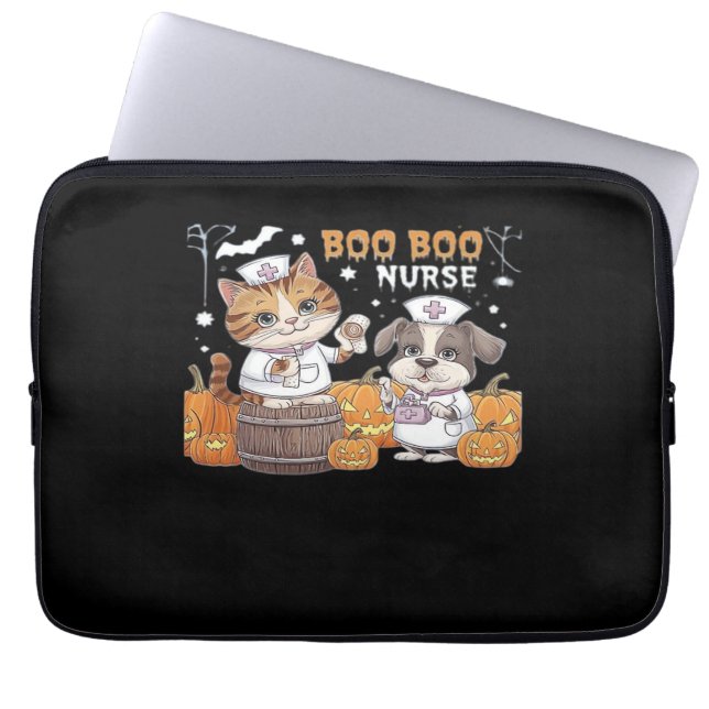 Cute Halloween Nurse Cat and Dog with Pumpkins Cla Laptop Sleeve (Front)
