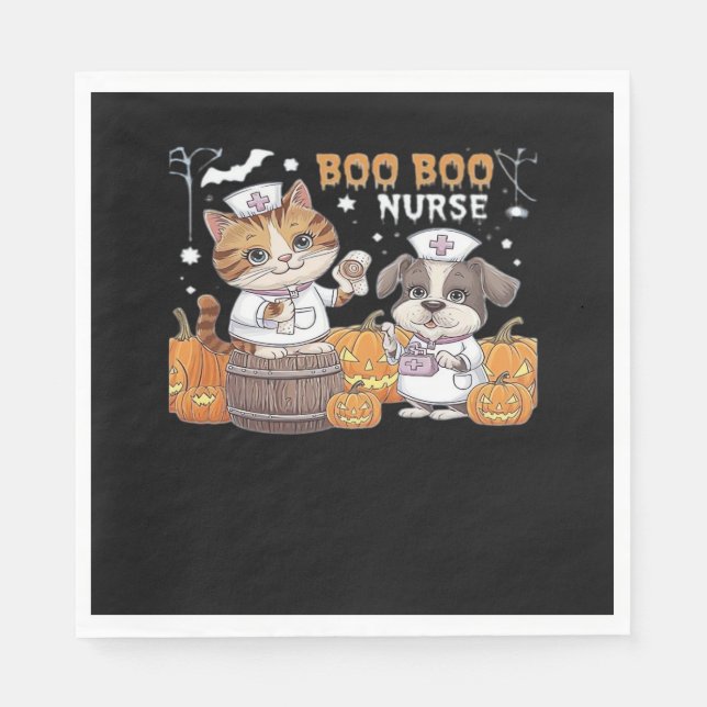 Cute Halloween Nurse Cat and Dog with Pumpkins Cla Napkin (Front)