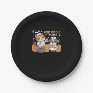 Cute Halloween Nurse Cat and Dog with Pumpkins Cla Paper Plate