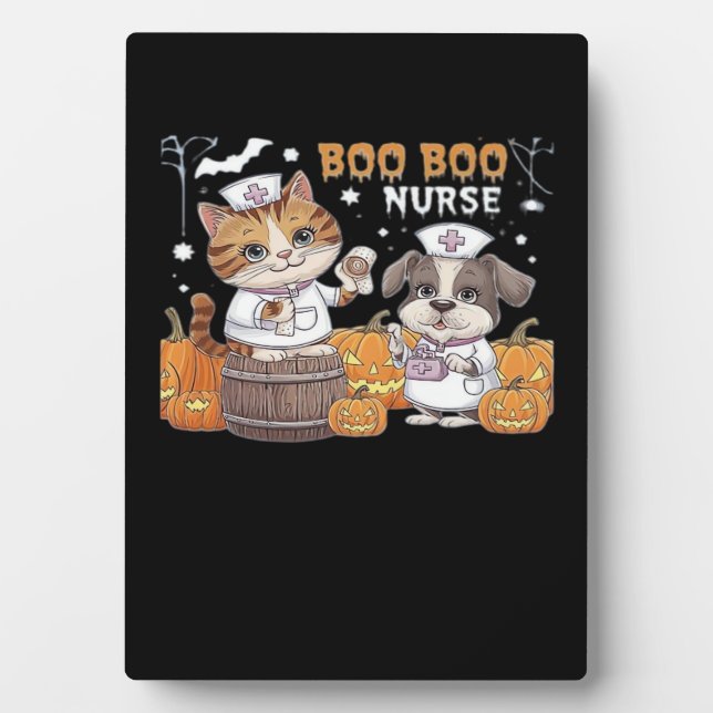 Cute Halloween Nurse Cat and Dog with Pumpkins Cla Plaque (Front)