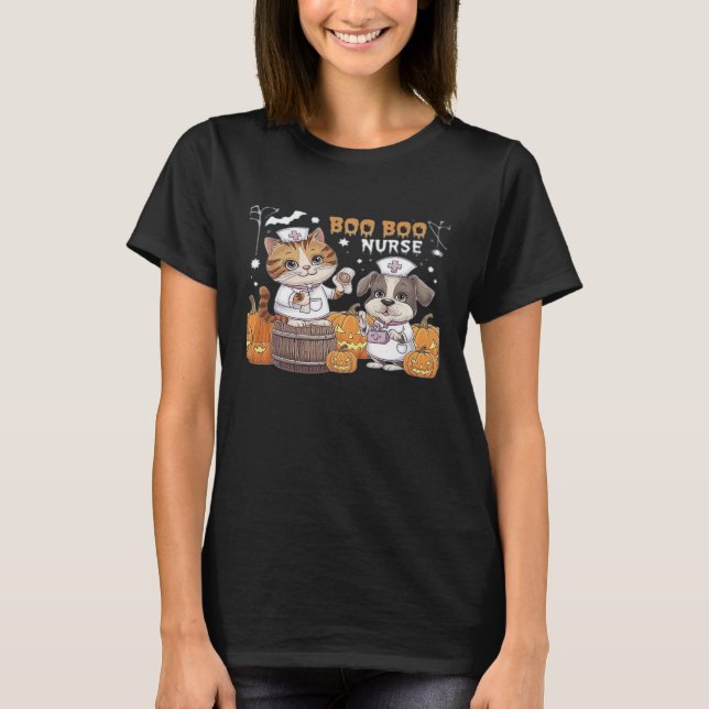 Cute Halloween Nurse Cat and Dog with Pumpkins Cla T-Shirt (Front)