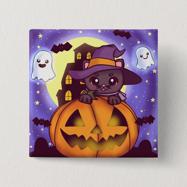 Cute Halloween October Witch Cat 15 Cm Square Badge (Front)