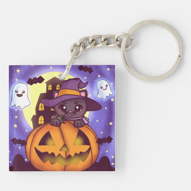Cute Halloween October Witch Cat Key Ring (Back)