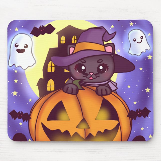 Cute Halloween October Witch Cat Mouse Mat (Front)