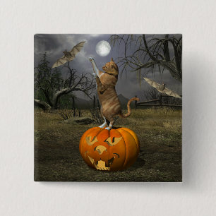 Cute Halloween Orange Cat Batting Bats 15 Cm Square Badge