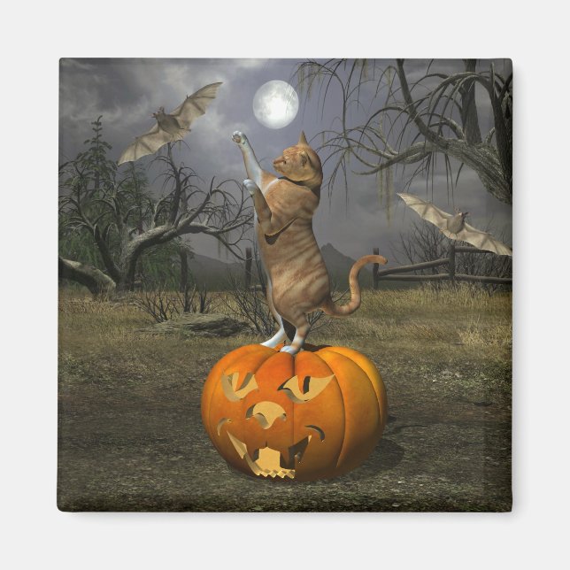 Cute Halloween Orange Cat Batting Bats Magnet (Front)