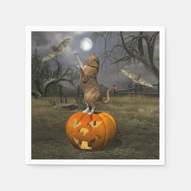 Cute Halloween Orange Cat Batting Bats Napkin (Front)