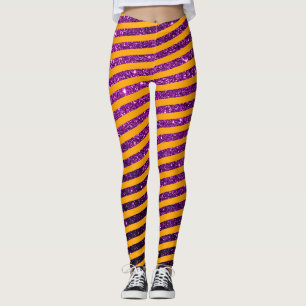Cute Halloween Orange Purple Glitter Striped Leggings