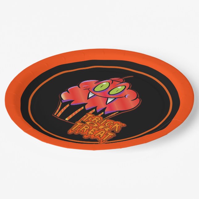 Cute Halloween Orange Vampire Cupcake Paper Plates (Angled)