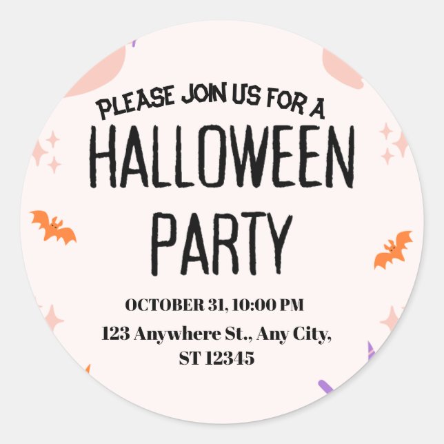 Cute Halloween Party Invitation Classic Round Sticker (Front)