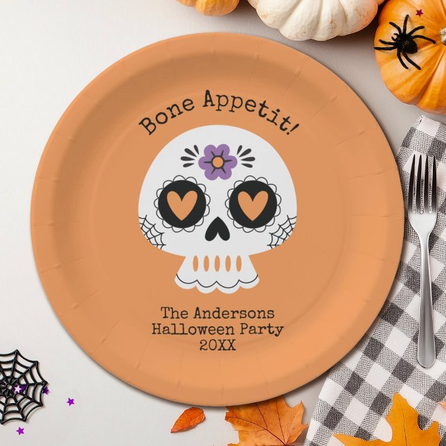 Cute Halloween Party Sugar Skull Paper Plate (A cute sugar skull decorates this Halloween party plate.)