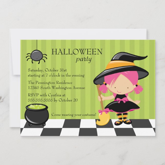 Cute Halloween party witch and spider invitation (Front)