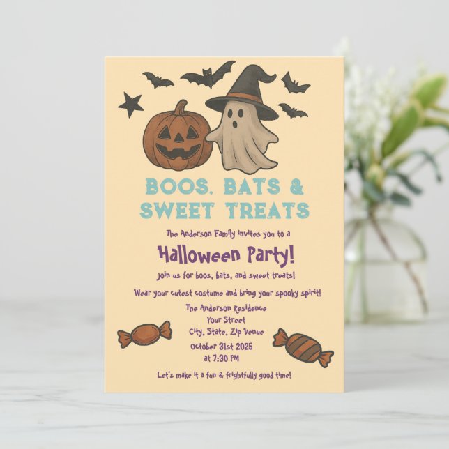 Cute Halloween – Pastel Pumpkin & Candy Party  Invitation (Standing Front)