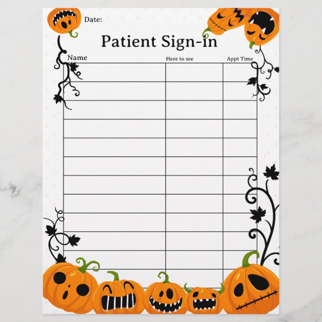 Cute Halloween Patient Appointment Sign-In Sheet Custom Letterhead (Front)